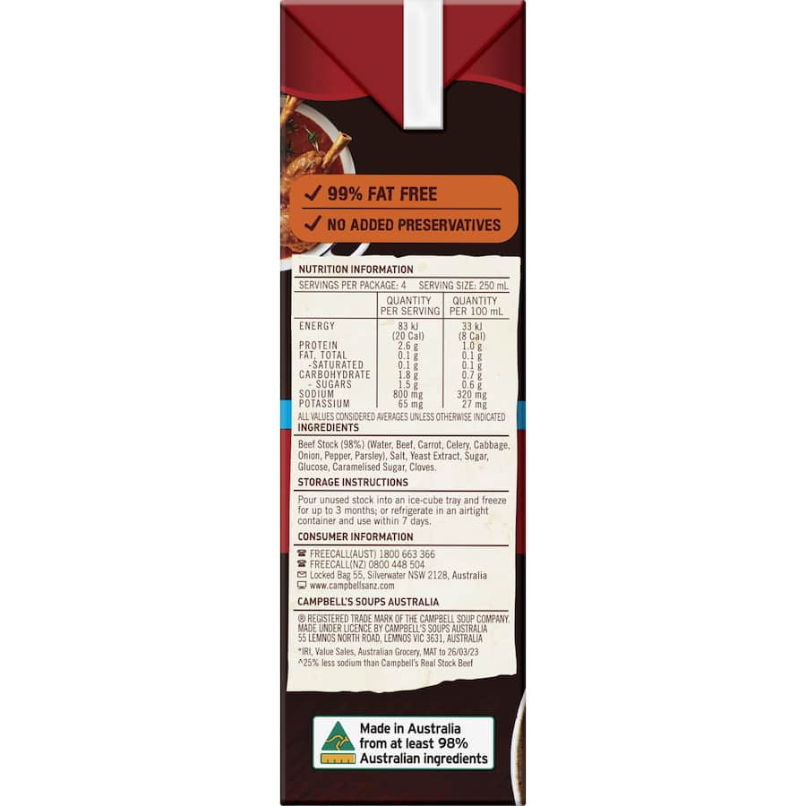 Campbell's Real Stock Beef Stock Liquid, salt-reduced for healthier cooking, adds rich flavor to soups, stews, and sauces.