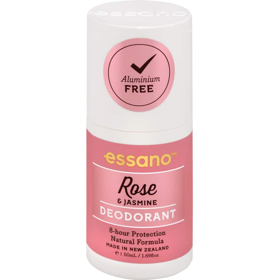 Essano Roll On Natural Deodorant in Rose & Jasmine, featuring a floral scent, 8-hour protection, and no harsh chemicals.