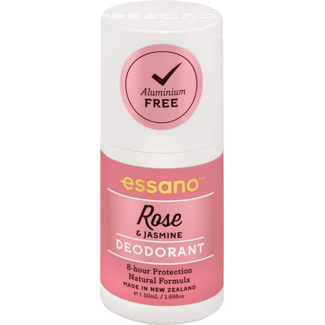 Essano Roll On Natural Deodorant in Rose & Jasmine, featuring a floral scent, 8-hour protection, and no harsh chemicals.
