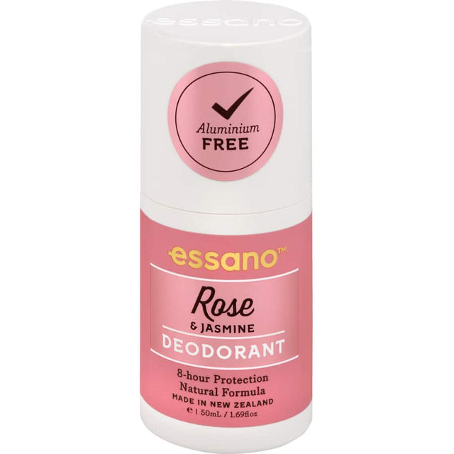 Essano Roll On Natural Deodorant in Rose & Jasmine, featuring a floral scent, 8-hour protection, and no harsh chemicals.