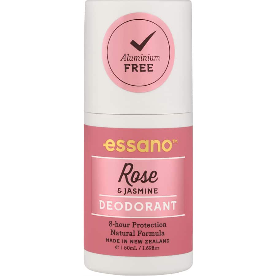 Essano Roll On Natural Deodorant in Rose & Jasmine offers 8-hour protection with a floral scent, free from aluminum and alcohol.