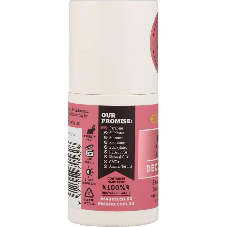 Essano Roll On Natural Deodorant in Rose & Jasmine offers 8-hour protection with a floral scent, free from chemicals and cruelty.