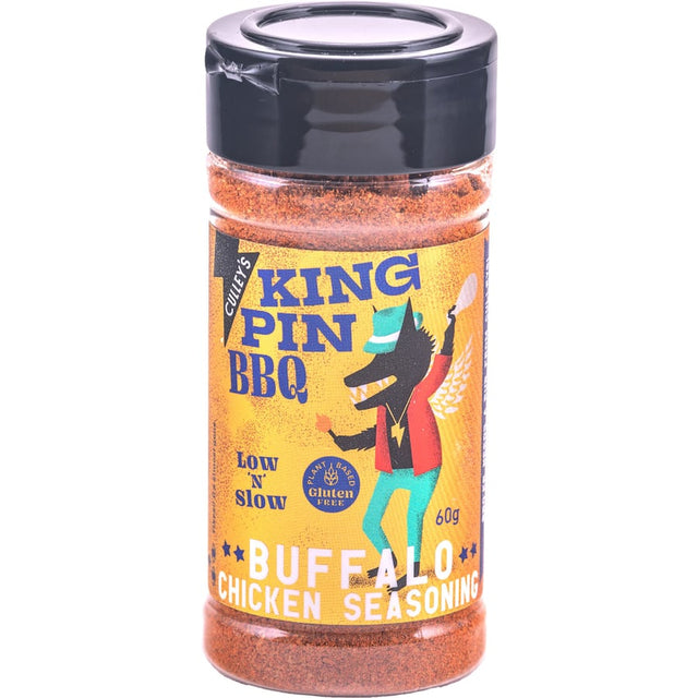 Culleys King Pin BBQ Rub Buffalo Chicken, a gluten-free seasoning with bold buffalo flavors ideal for grilling chicken and more.