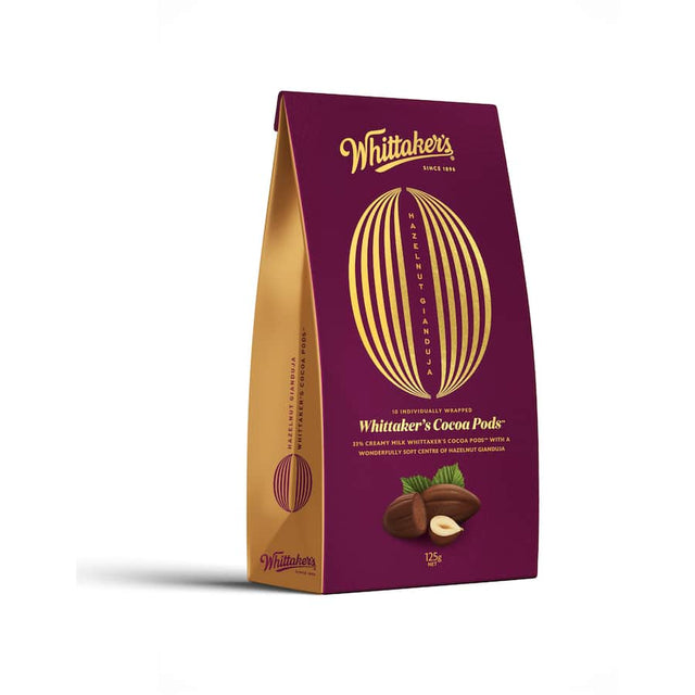 Whittaker's Chocolate Hazelnut Gianduja Pods in cocoa pod shapes, showcasing creamy gianduja centers for a rich, indulgent treat.