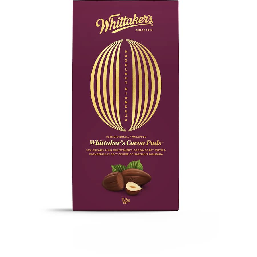 Whittaker's Chocolate Hazelnut Gianduja Pods, cocoa pod-shaped chocolates filled with smooth hazelnut gianduja center.