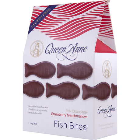 Colorful bite-sized Queen Anne Marshmallow Fish Bites, coated in milk chocolate with strawberry marshmallow filling, gluten-free.