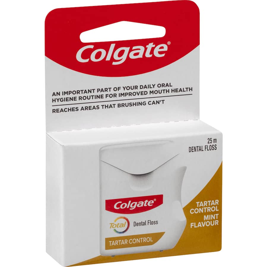 Colgate Total Dental Floss Tartar Control: mint-flavored floss that removes plaque and food particles for healthier gums.