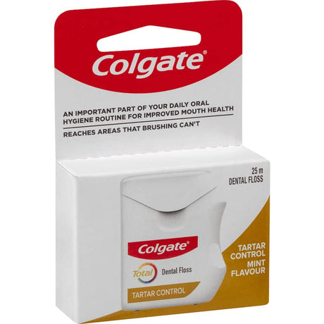 Colgate Total Dental Floss Tartar Control: mint-flavored floss that removes plaque and food particles for healthier gums.