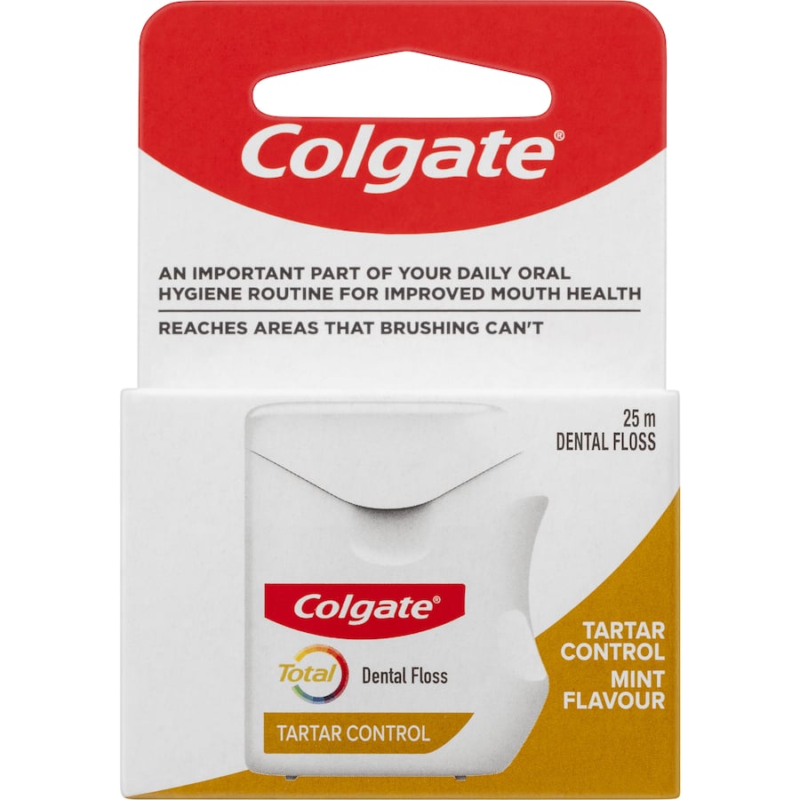 Colgate Total Dental Floss Tartar Control: mint-flavored floss for effective plaque removal and gum health, 25m for daily use.