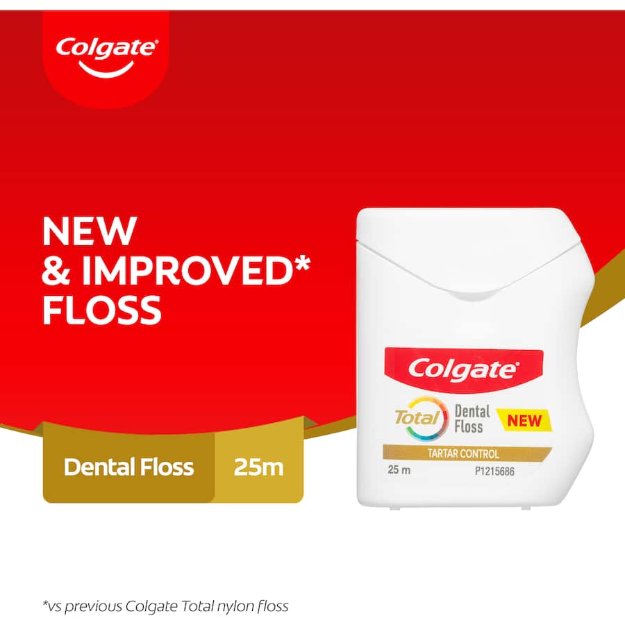 Colgate Total Dental Floss Tartar Control, mint-flavored, removes plaque and food particles for healthier gums and fresh breath.