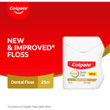 Colgate Total Dental Floss Tartar Control, mint-flavored, removes plaque and food particles for healthier gums and fresh breath.