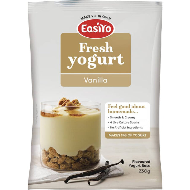 Creamy Easiyo Sweetened Vanilla Yogurt Base made with whole and skim milk, rich in calcium, protein, and live cultures.