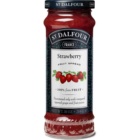 St Dalfour Strawberry Jam, a rich blend of fruity flavors with no added sugars, perfect for toast and pastries.