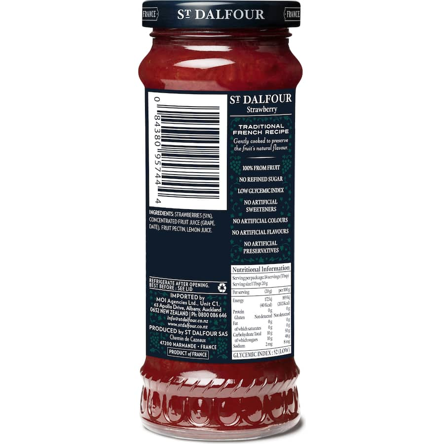 St Dalfour Jam Strawberry: velvety jam made with strawberries and grape juice, perfect for toast and pastries.