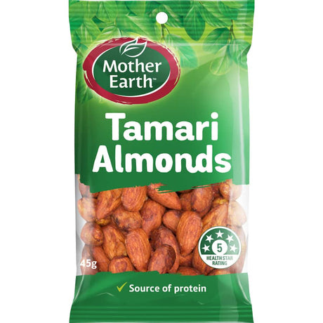 Crunchy Mother Earth Almonds Tamari, packed with umami flavor and nutrients, perfect for healthy snacking on-the-go.