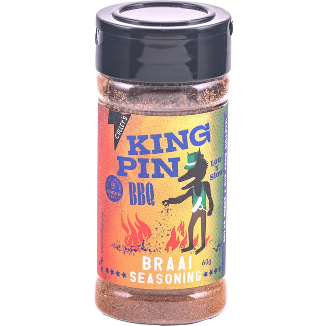 Culleys King Pin BBQ Rub Braai Seasoning blend for bold flavors in chicken, pork, beef, and veggies, ideal for grilling.