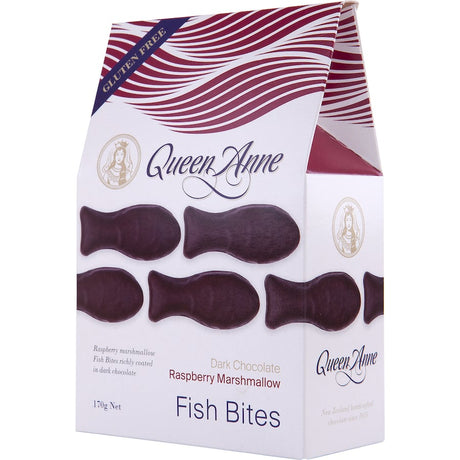 Bite-sized chocolate fish filled with raspberry marshmallow, perfect for gifting or personal indulgence. Gluten-free treat.