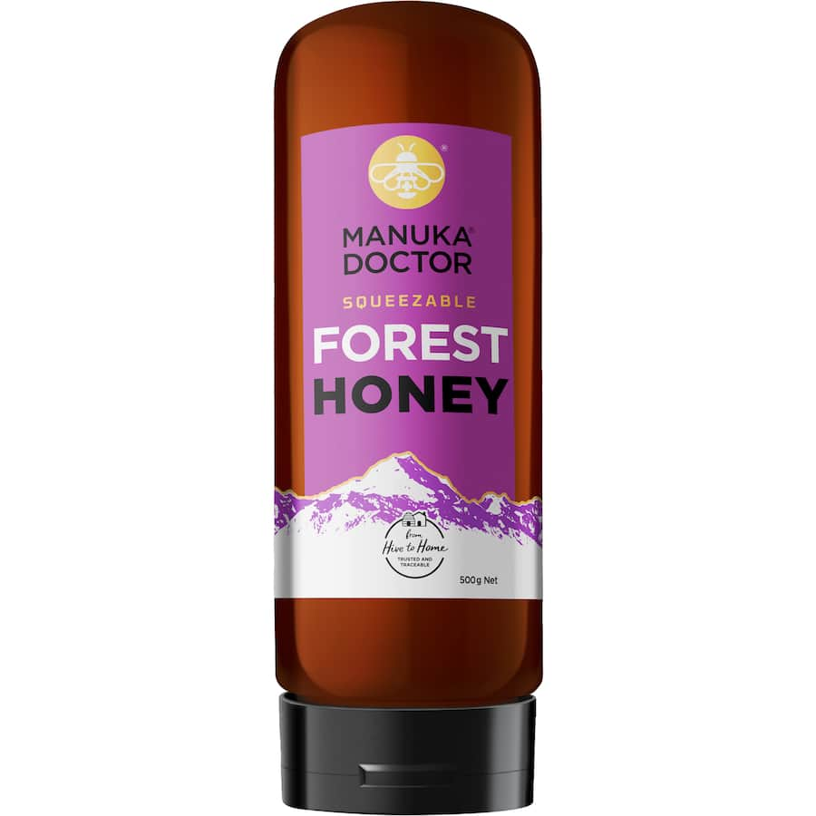 Manuka Doctor Forest Honey in a glass jar, showcasing its rich golden color and hinting at its sweet, earthy flavor.