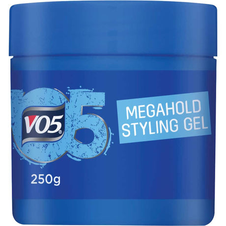 Vo5 Hair Gel Mega Hold Tub for strong, weather-resistant hold and styling without sticky residue or crunch. Perfect for all hair types.