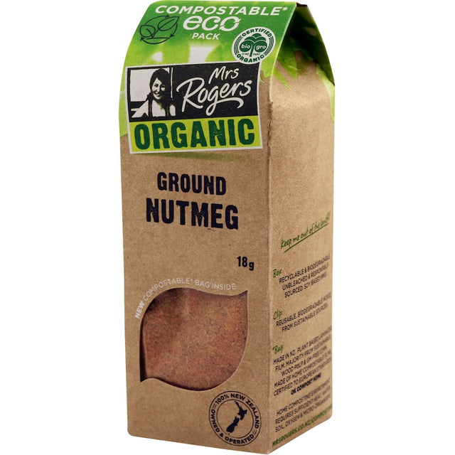 Mrs Rogers Eco Organic Nutmeg Ground, premium spice for sweet and savory dishes with rich flavor and health benefits.