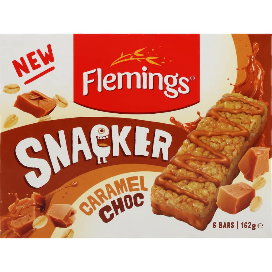 Flemings Snacker Muesli Bars Caramel Choc: nutritious bars with oats, nuts, and chocolate, perfect for a delicious on-the-go snack.