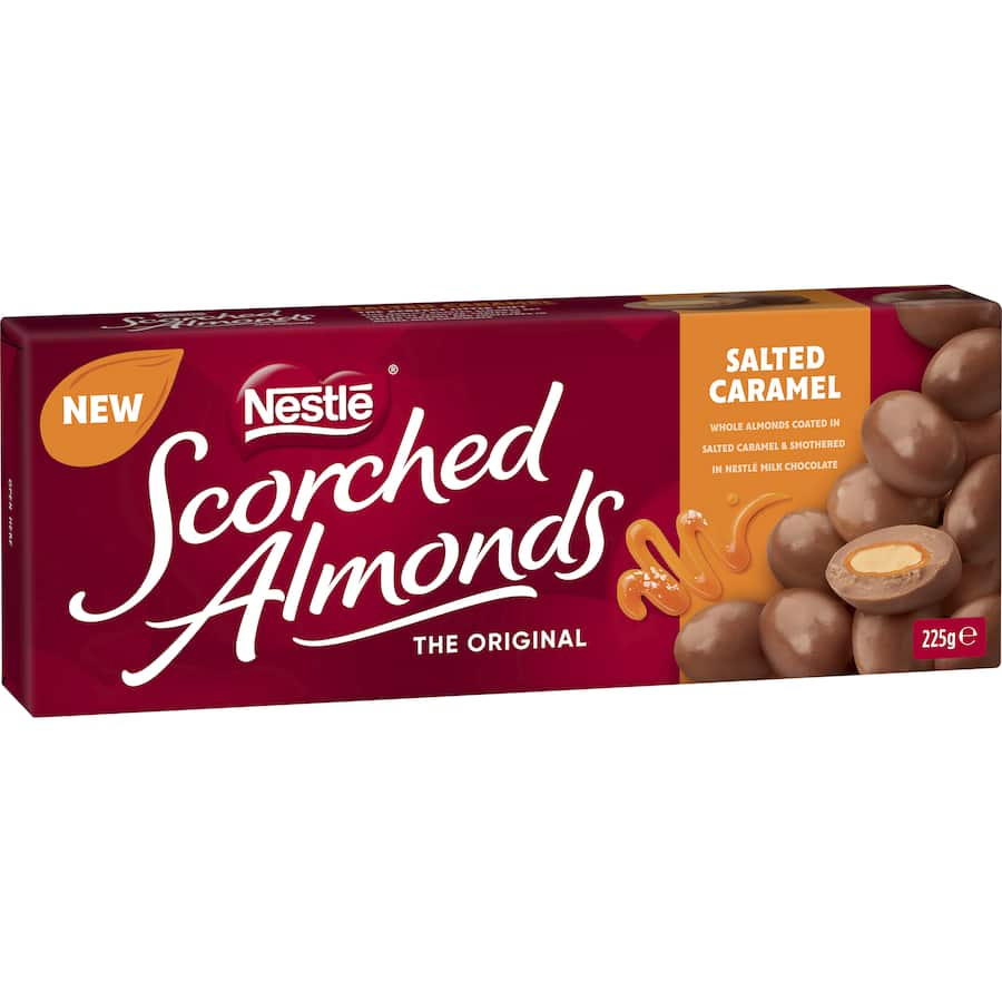 Nestle Scorched Almonds Salted Caramel: whole roasted almonds coated in creamy milk chocolate and salted caramel, 225g box.