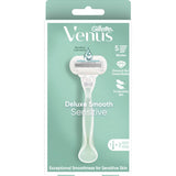 Gillette Venus Deluxe Smooth Razor Kit with 5 blades for sensitive skin, ensures a close, comfortable, and irritation-free shave.