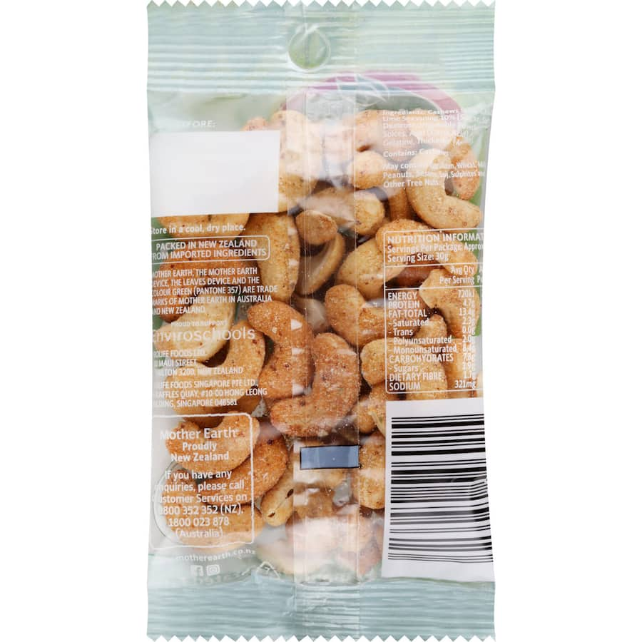 Crunchy Mother Earth cashews coated in zesty chili and lime for a flavorful, gluten-free snack option.