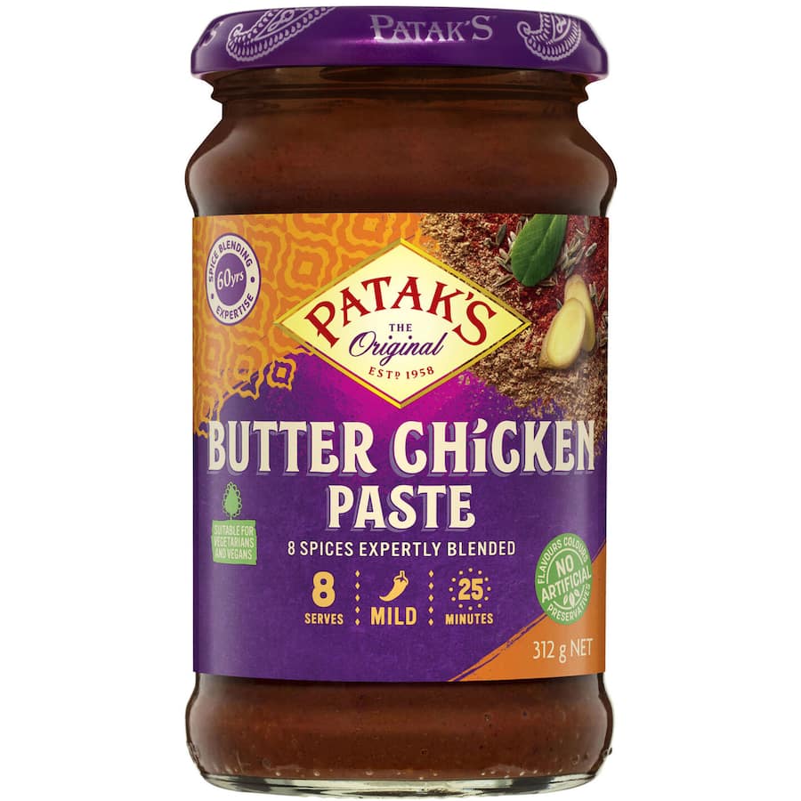 Patak's Butter Chicken Paste, a mild spice blend with 8 spices for rich, authentic Indian curry at home.