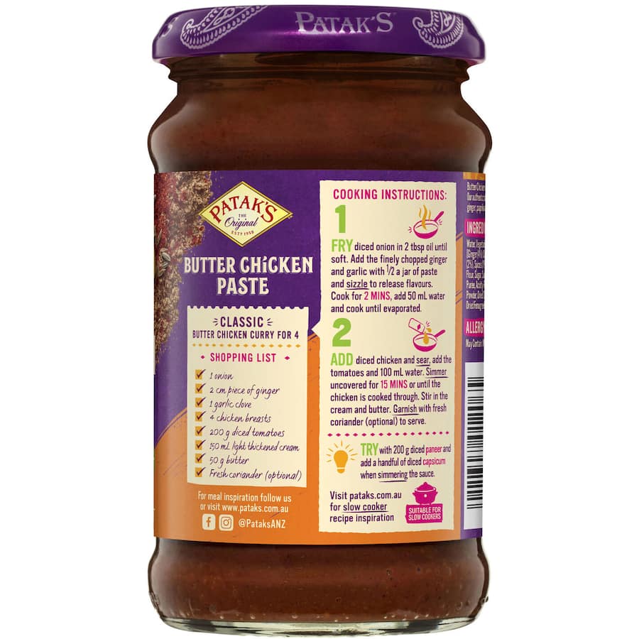 Patak's Butter Chicken Paste: a mild blend of 8 spices for rich, flavorful Indian curry at home, recyclable jar, vegan-friendly.