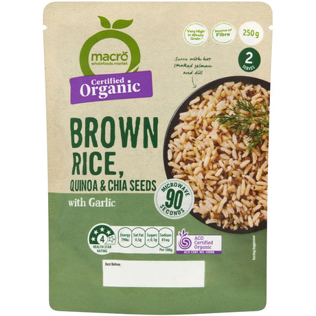 Macro Organic Brown Rice Quinoa & Chia Seed & Garlic 250g mix, packed with nutrients and garlic flavor for healthy meals.