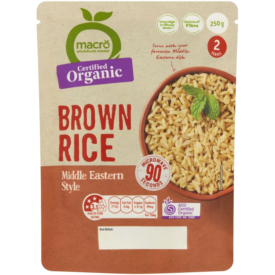 A 250g pack of Macro Organic Brown Rice infused with Middle Eastern spices, showcasing its nutty flavor and wholesome quality.