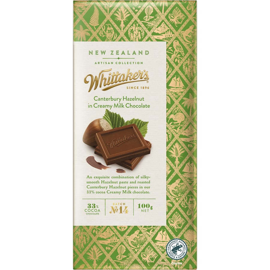 Whittakers Artisan Chocolate with creamy milk and hazelnut, featuring rich cocoa and crunchy hazelnut pieces.