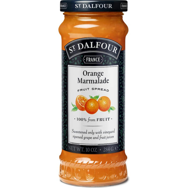 Vibrant St Dalfour Orange Marmalade jar, showcasing sweet, zesty flavor made with grape juice, perfect for breakfasts and desserts.