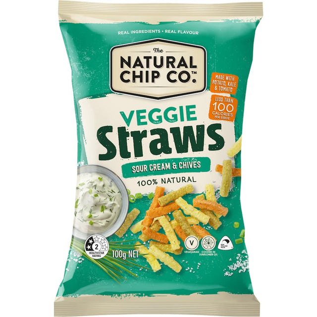 Crunchy veggie straws in Sour Cream & Chive flavor, gluten-free and made from wholesome corn for guilt-free snacking.