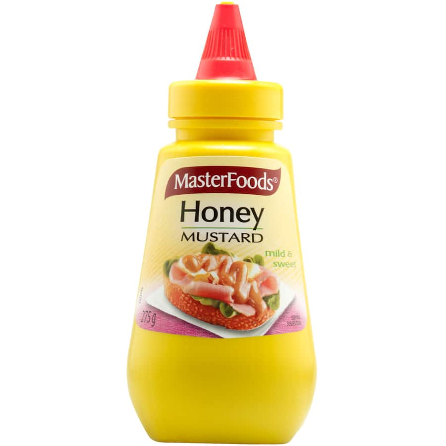 Masterfoods Mustard Honey Squeeze bottle featuring a blend of tangy mustard and sweet honey for easy dispensing and versatile use.