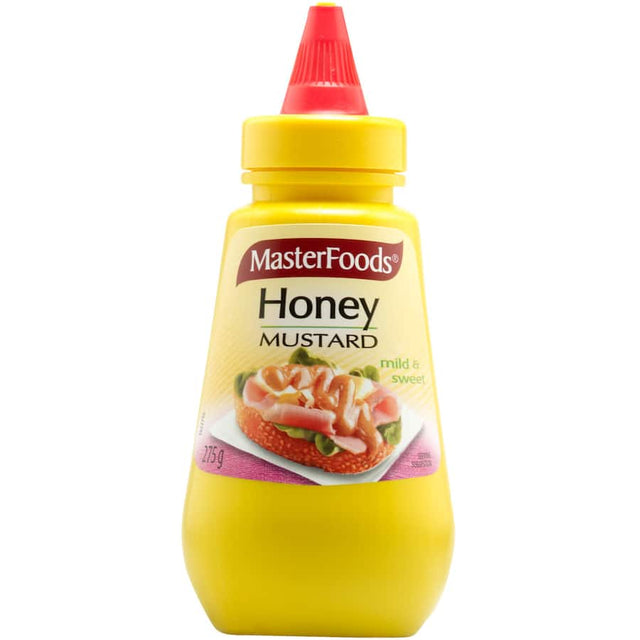 Masterfoods Mustard Honey Squeeze bottle featuring a blend of tangy mustard and sweet honey for easy dispensing and versatile use.