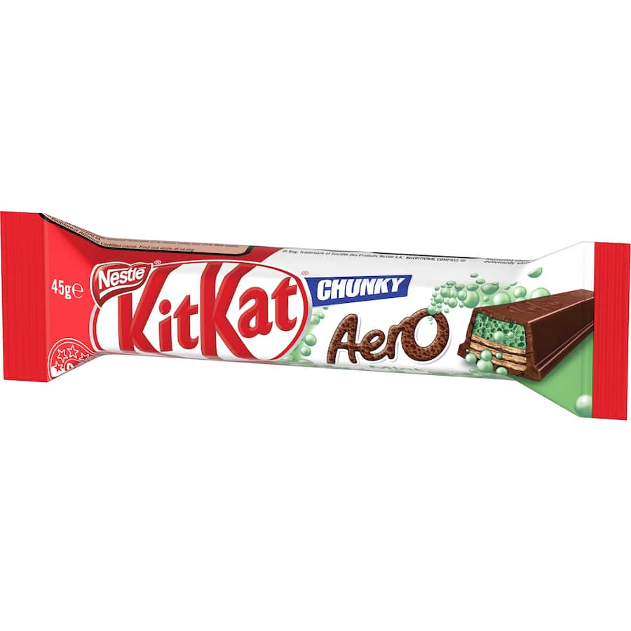 Nestle Kit Kat Chunky Aero Mint chocolate bar with crunchy wafer, minty Aero bubbles, and smooth milk chocolate.