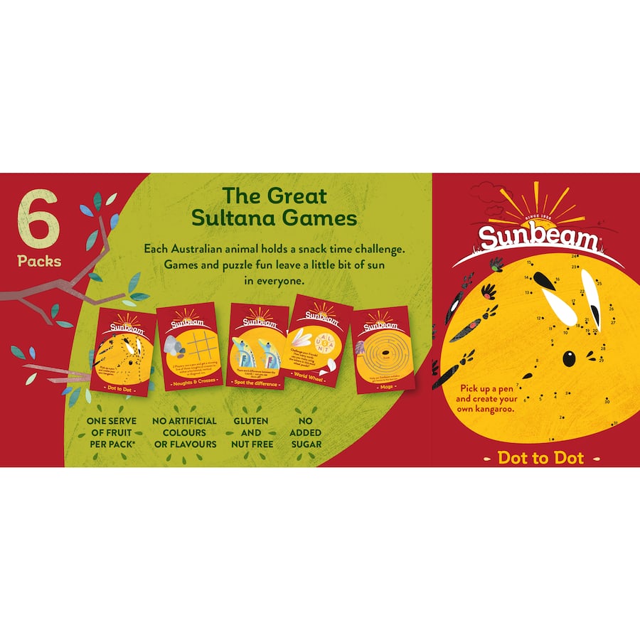 Sunbeam Fruit Snack Sultana & Apple 150g pack, featuring sun-dried sultanas and crisp apples, perfect for healthy snacking.