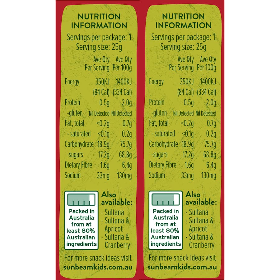 Sunbeam Fruit Snack Sultana & Apple 150g pack of nutritious, sweet, and healthy dried fruit snacks for on-the-go enjoyment.