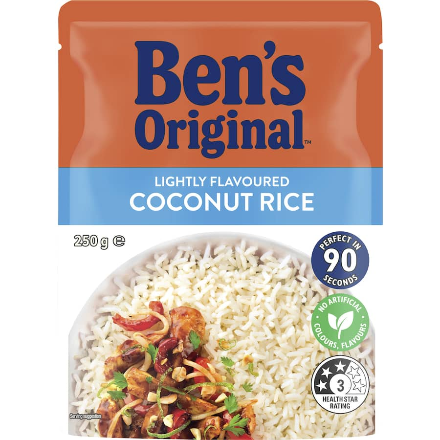 Bens Original Microwave Rice with coconut flavor, ready in 90 seconds; no artificial colors, flavors, or preservatives.