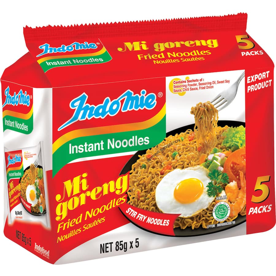 Indomie Instant Noodles Mi Goreng multi-pack featuring five servings of rich, savory flavors, ready in just 3 minutes.