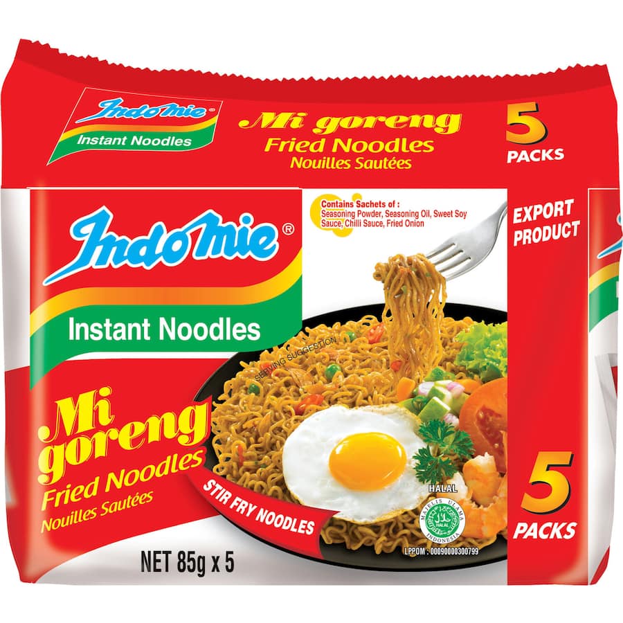 Indomie Instant Noodles Mi Goreng multi-pack, featuring savory flavors and quick preparation in just 3 minutes.