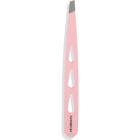 Baby pink stainless steel tweezers with slant tip for precise brow shaping and hair removal, ideal for daily grooming.