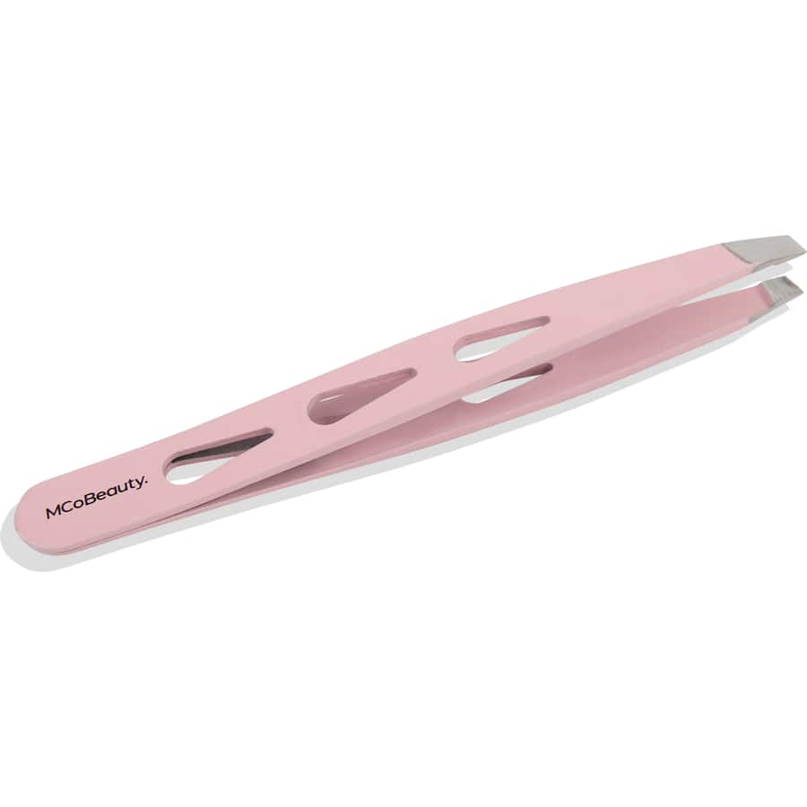 Baby pink stainless steel tweezers with slant tip for precise brow shaping and effortless hair removal.