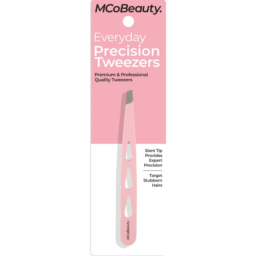 Baby pink stainless steel tweezers with an angled slant tip for precise brow shaping and effortless hair removal.