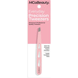 Baby pink stainless steel tweezers with an angled slant tip for precise brow shaping and effortless hair removal.