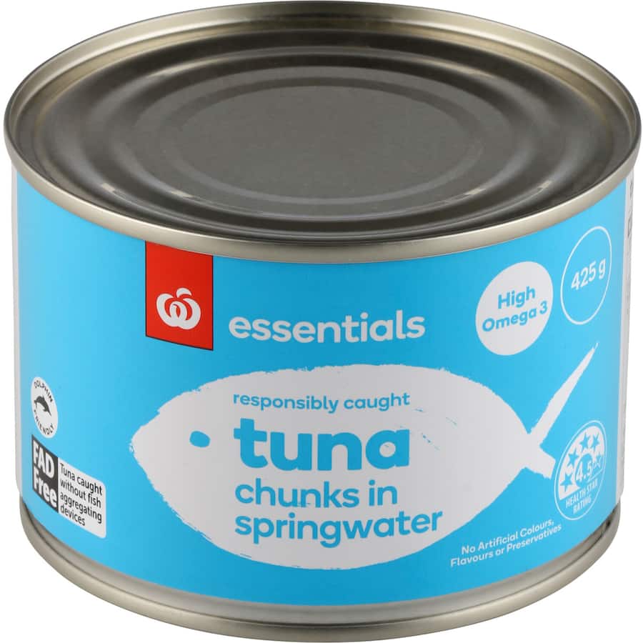 Canned Essentials Tuna Chunks in spring water, rich in omega-3s, dolphin-friendly, perfect for healthy meals.