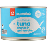 Essentials Tuna Chunks in Springwater, 425g can of wild-caught Skipjack Tuna, rich in omega-3, dolphin-friendly, no preservatives.