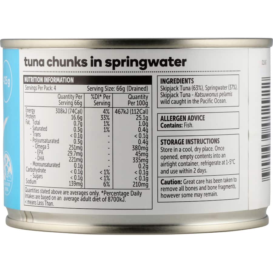 Essentials Tuna Chunks in Springwater: wild-caught, dolphin-friendly, omega-3 rich, perfect for salads and sandwiches.